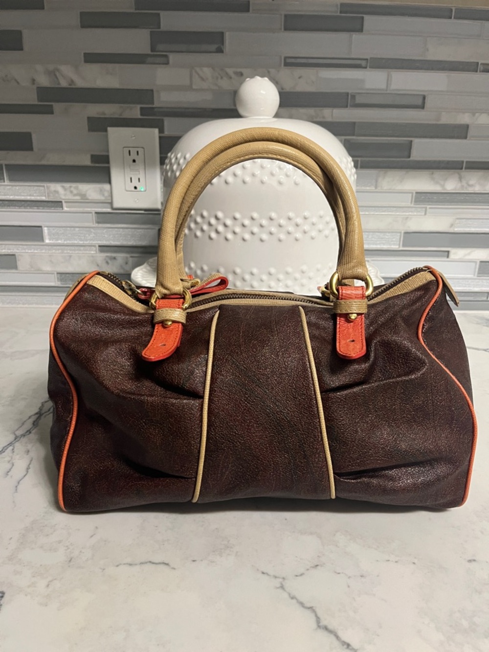 Etro Brown Leather Satchel with Tan Handles and Orange Trim